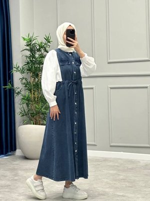 Lacivert Kolları Balon Beli Büzgülü Denim Kot Gömlek Elbise