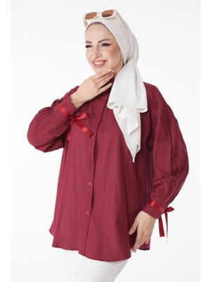 Bordo Balon Kollu Bağcık Detaylı Gömlek Bordo Balon Kollu Bağcık Detaylı Gömlek
