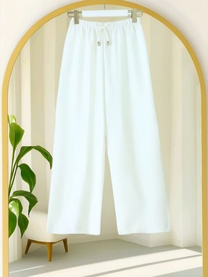 Beyaz Beli Lastikli Bağcık Detaylı Bol Paça Sofya Keten Pantolon