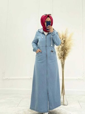 Mavi Fermuarlı Kapüşonlu Cep Detaylı Denim Kot Kap Pardesü Mavi Fermuarlı Kapüşonlu Cep Detaylı Denim Kot Kap Pardesü