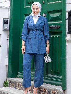 İndigo Mavi Beli Bağlamalı Çeket Ve Pantolonlu Keten İkili Takım