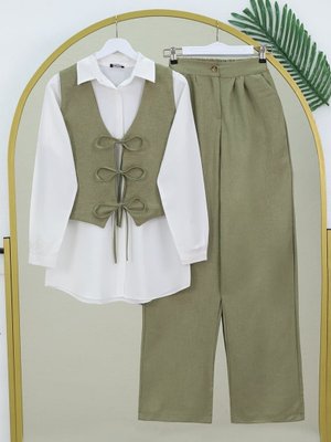 Haki Önü Bağlamalı Yelek Pantolon İkili Takım