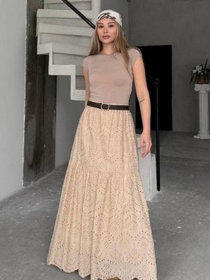 Bej Uzun Brode Astarlı Etek Bej Uzun Brode Astarlı Etek