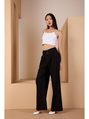 Siyah Kemerli Geniş Paça Pantolon