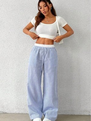 Açık Mavi Beyaz Çizgili Yüksek Bel Rahat Kesim Pantolon