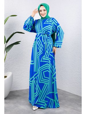 Yeşil Çizgi Desenli Viskon Elbise