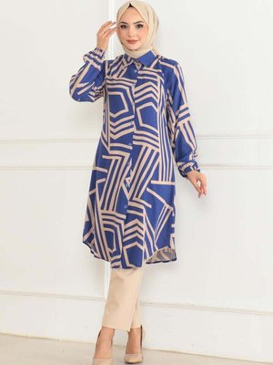 Lacivert Geometrik Desen Viskon Tunik