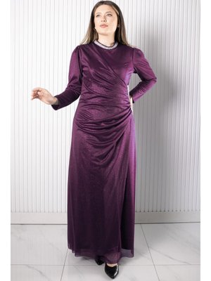 Mürdüm Taş Baskılı Simli Tül Abiye Elbise Mürdüm Taş Baskılı Simli Tül Abiye Elbise