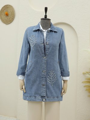 Buz Mavi Yaprak Taş Detaylı Kot Ceket