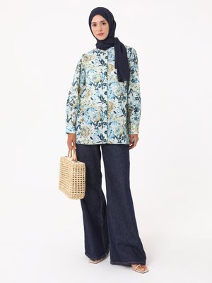 Mavi Çiçek Baskılı Vual Tunik