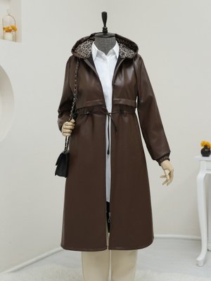 Kahve Tünel Bağcıklı Kapüşonlu Fermuarlı Deri Kap