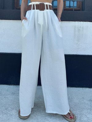 Beyaz Keten Kemerli Bol Paça Pantolon