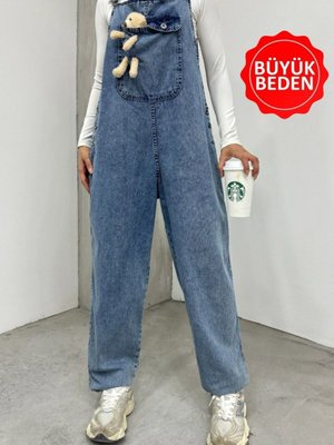 Buz Mavi Ayıcık Detaylı Askılı Yanları Düğmeli Kot Tulum