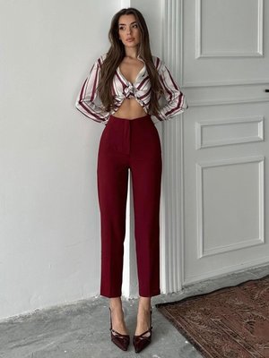 Bordo Yüksek Bel Fletolu Pantolon