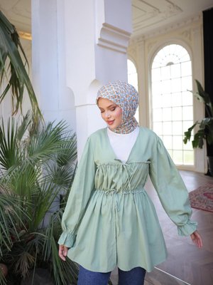 Yeşil Beli Büzgülü Lastikli Kimono Tunik Yeşil Beli Büzgülü Lastikli Kimono Tunik