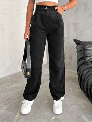 Siyah Fitiili Bol Paça Kadife Pantolon