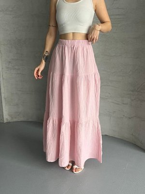 Pembe Uzun Büzgülü Katlı Müslin Kumaş Etek Pembe Uzun Büzgülü Katlı Müslin Kumaş Etek