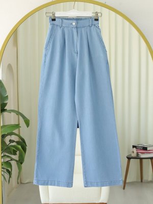 Açık Mavi Yarım Lastikli Çift Cepli Bol Paça Kot Pantolon