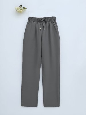 Füme Çift Cepli Beli Lastikli Bağcık Detaylı Pantolon