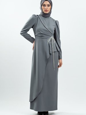 Gri Taş Detaylı Abiye Elbise Gri Taş Detaylı Abiye Elbise