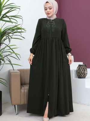 Haki Boncuklu İşlemeli Ferace