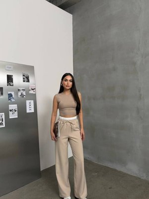 Bej Garnili Bağcıklı Palazzo Pantolon