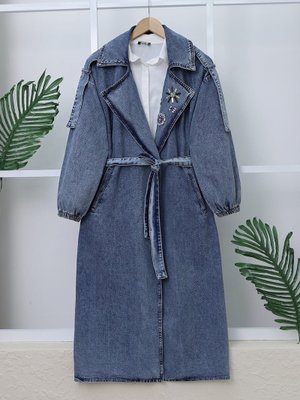 Buz Mavi Önü Taş Detaylı Beli Bağcıklı Kot Trençkot