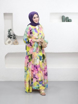 Rahat Kalıp Düğmeli Desenli Modal Elbise