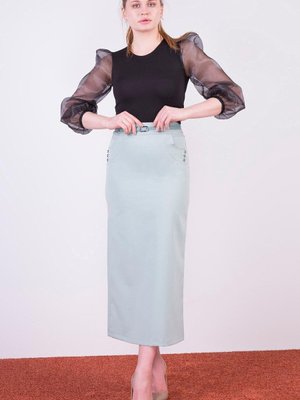 Mint Uzun Kemerli Süs Cep Detaylı Mevsimlik Kalem Etek Mint Uzun Kemerli Süs Cep Detaylı Mevsimlik Kalem Etek