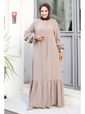 Bej Çift Balon Kol Detaylı Eteği Volanlı Ferace
