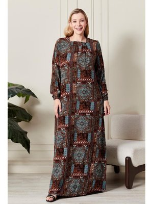 Kahverengi Büyük Beden Osmnalı Etnik Desen Elbise Kahverengi Büyük Beden Osmnalı Etnik Desen Elbise