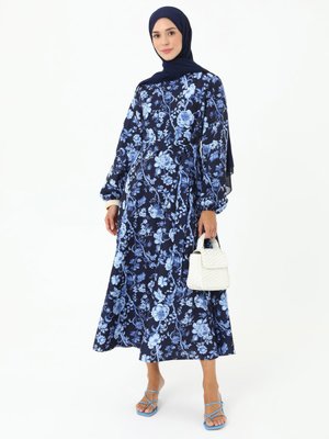 Çiçek Desenli Elbise Lacivert