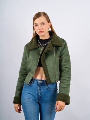 Haki Süet Yaka Kürklü Kısa Mont