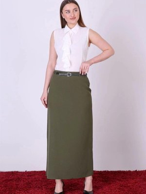 Haki Uzun Mevsimlik Kapalı Yırtmaç Detaylı Kemerli Etek Haki Uzun Mevsimlik Kapalı Yırtmaç Detaylı Kemerli Etek