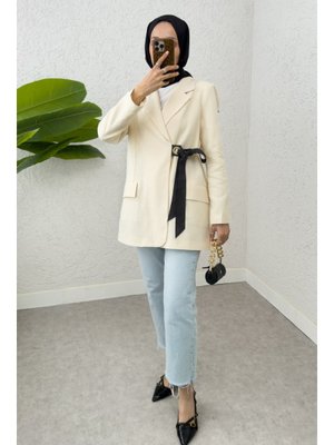Ekru Yandan Bağlamalı Blazer Ceket