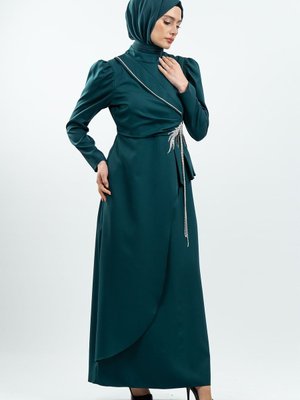 Zümrüt Yeşili Taş Detaylı Abiye Elbise