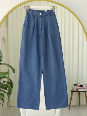 Koyu Mavi Yarım Lastikli Çift Cepli Bol Paça Kot Pantolon