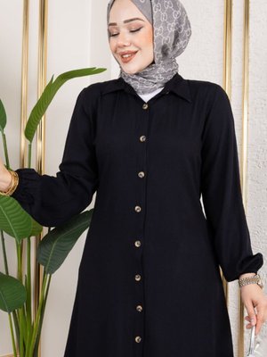 Siyah Manşeti Lastikli Viskon Tunik