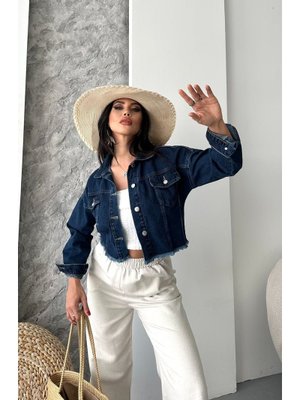 Koyu Mavi Çift Kapaklı Lazer Kesim Crop Kot Ceket
