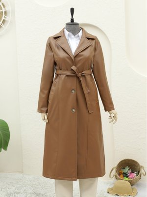 Taba Bağcıklı Düğmeli Deri Trençkot