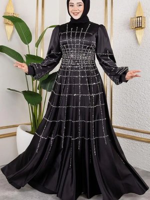 Siyah Kafes Model Saten Abiye Elbise Siyah Kafes Model Saten Abiye Elbise