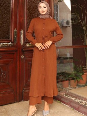 Kahverengi Yırtmaç Detaylı Uzun İkili Takım