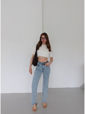 Buz Mavi Renk Loose Fit Önü Starlight Parlak Taşlı Tasarım Denim