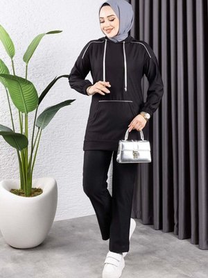 Siyah Biyeli Kapüşonlu Spor İkili Takım