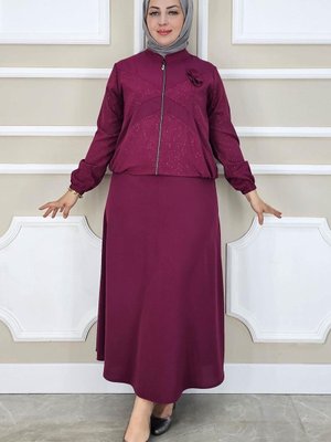 Bordo Taş Detaylı Simli İkili Takım