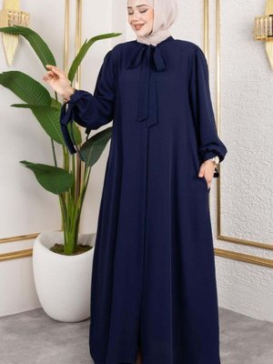 Lacivert Manşeti Bağcıklı Elbise Ferace