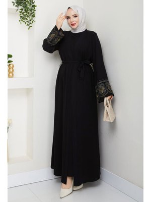 Siyah Nakışlı İç Elbiseli Abaya Takım