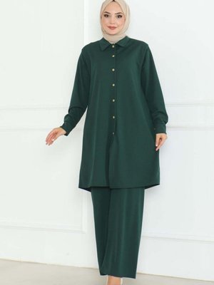 Zümrüt Yeşili Büyük Beden Gömlekli İkili Takım Zümrüt Yeşili Büyük Beden Gömlekli İkili Takım