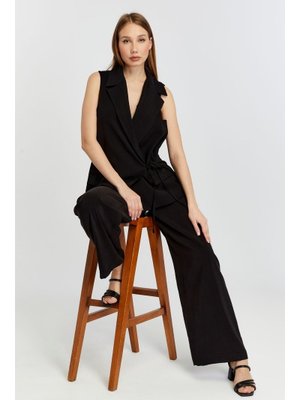 Siyah Regular Fit Belden Bağlama Detaylı Astarlı Dokuma Yelek