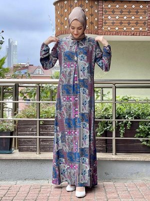 Saks Mavisi Desenli Elbise